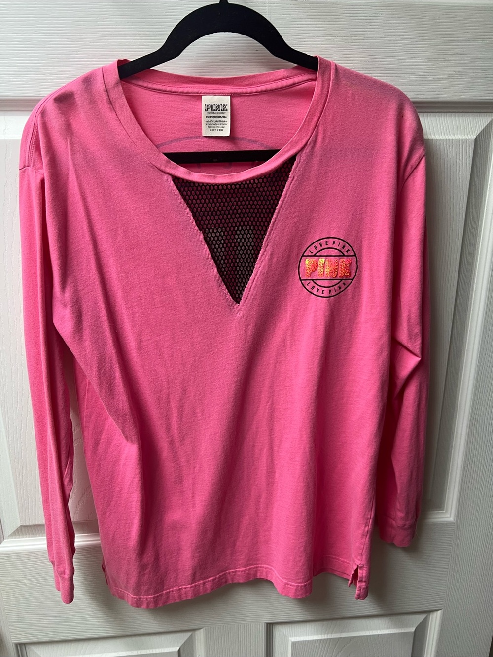 PINK Victoria's Secret Hot Pink Long-Sleeve V-Neck Top with Black Mesh